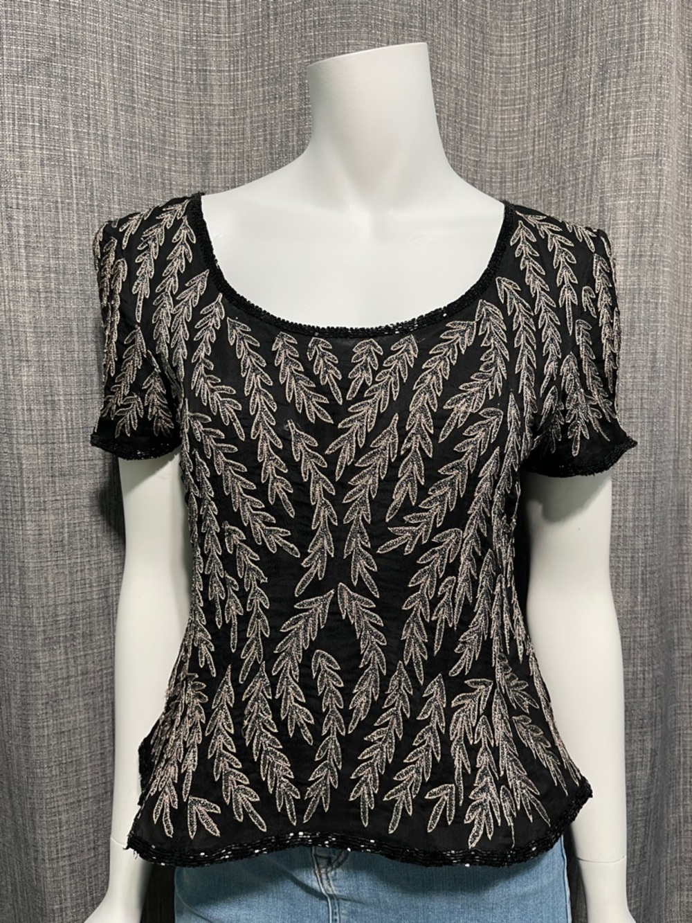 VINTAGE Papell Boutique Evening Silk Beaded Cocktail Short Sleeve Top Black M